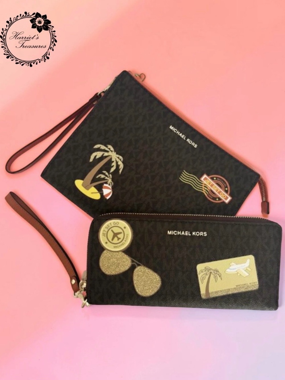 Michael Kors Dark Brown Monogram “Jet Set Go” Wristlet Set
